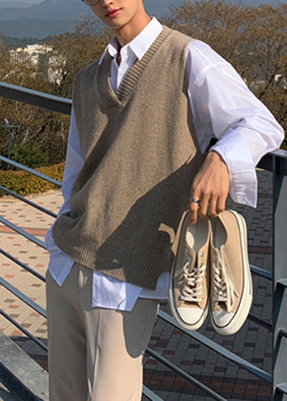 New Khaki V Neck Solid Cozy Knit Men Waistcoat Sleeveless RJ024 ABC