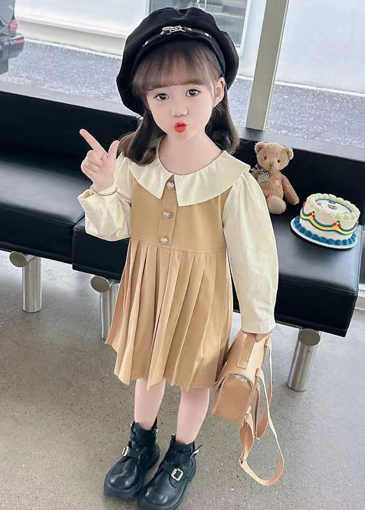 New Khaki Wrinkled False Two Pieces Cotton Girls Long Dress Fall XZ015 FALL-MM-RCTZ-FDGL240618