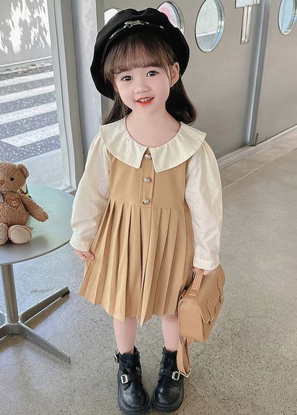 New Khaki Wrinkled False Two Pieces Cotton Girls Long Dress Fall XZ015 FALL-MM-RCTZ-FDGL240618