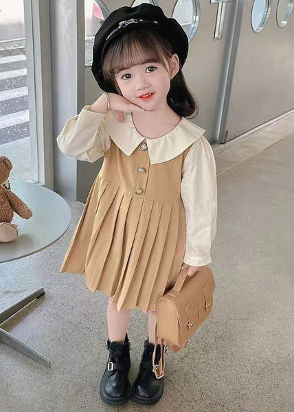 New Khaki Wrinkled False Two Pieces Cotton Girls Long Dress Fall XZ015 FALL-MM-RCTZ-FDGL240618