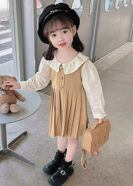 New Khaki Wrinkled False Two Pieces Cotton Girls Long Dress Fall XZ015 FALL-MM-RCTZ-FDGL240618