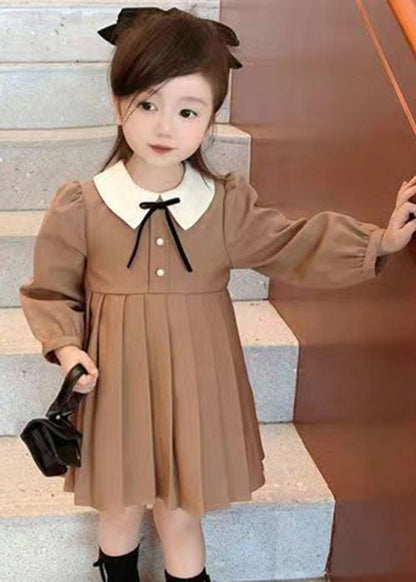 New Khaki Wrinkled Solid Cotton Girls Dresses Fall XZ078 FALL-MM-RCTZ-FDGM240618