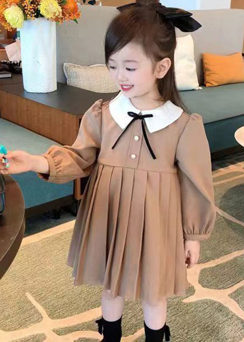 New Khaki Wrinkled Solid Cotton Girls Dresses Fall XZ078 FALL-MM-RCTZ-FDGM240618