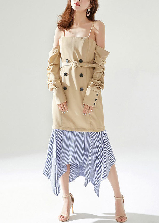 New Khaki Zippered Removable Sleeves Patchwork Cotton Dresses Long Sleeve XX009 SH-LF-SDL240611