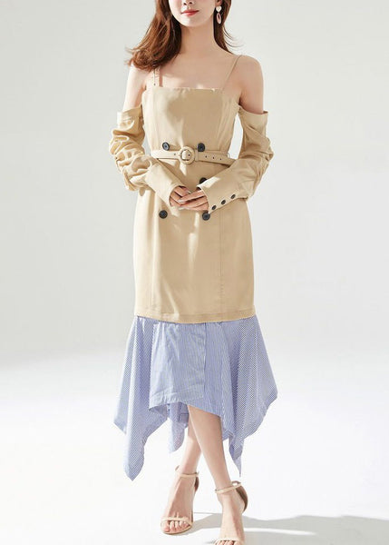 New Khaki Zippered Removable Sleeves Patchwork Cotton Dresses Long Sleeve XX009 SH-LF-SDL240611