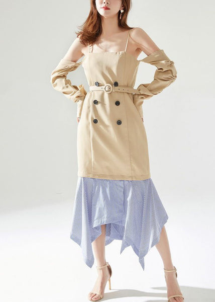 New Khaki Zippered Removable Sleeves Patchwork Cotton Dresses Long Sleeve XX009 SH-LF-SDL240611