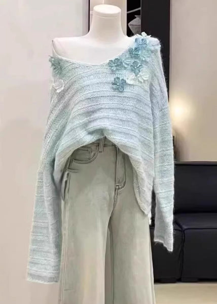 New Light Blue Cold Shoulder Floral Knit Sweaters Winter WK011 OM-SW241119
