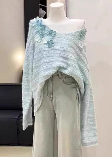New Light Blue Cold Shoulder Floral Knit Sweaters Winter WK011 OM-SW241119