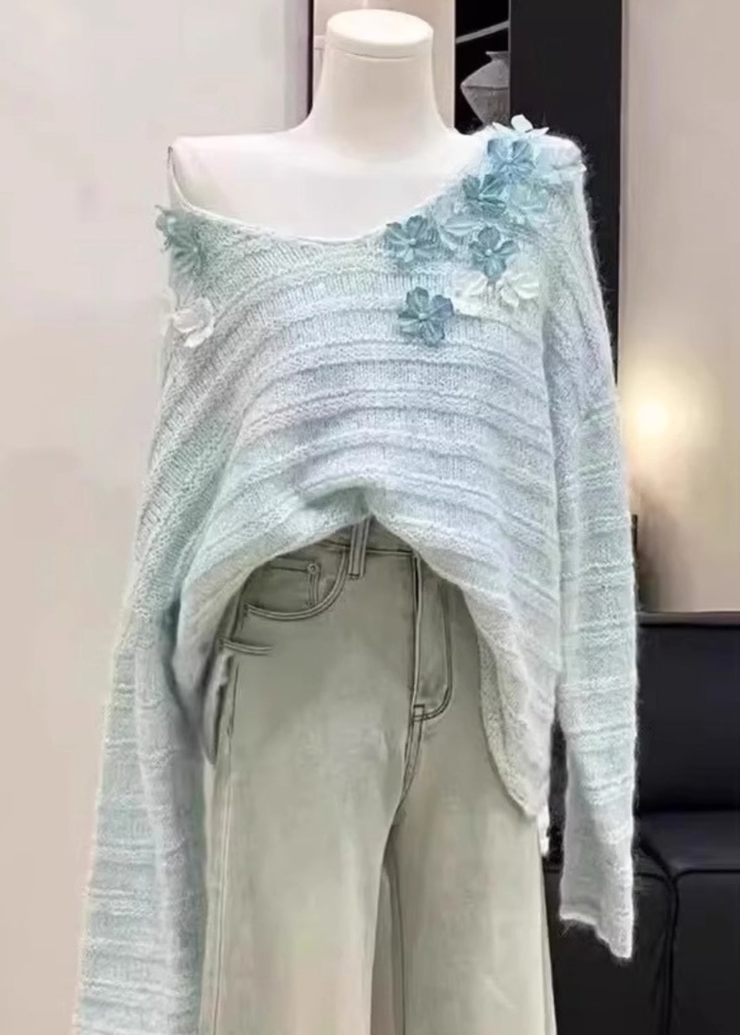New Light Blue Cold Shoulder Floral Knit Sweaters Winter WK011 OM-SW241119