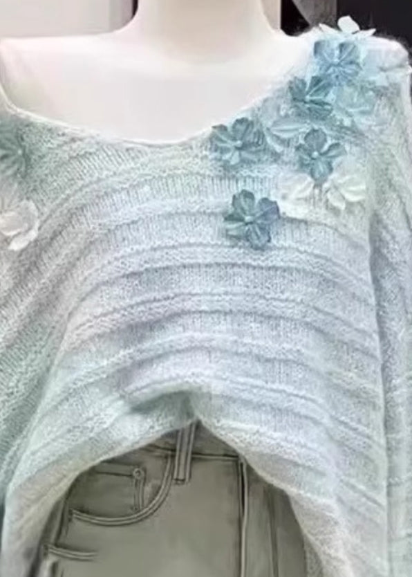 New Light Blue Cold Shoulder Floral Knit Sweaters Winter WK011 OM-SW241119