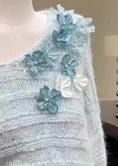New Light Blue Cold Shoulder Floral Knit Sweaters Winter WK011 OM-SW241119