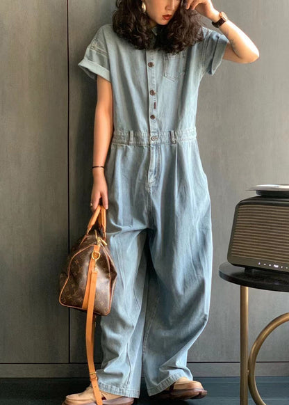 New Light Blue Peter Pan Collar Button Pockets Denim Jumpsuit Summer MN077 MMDM-JPTS240704