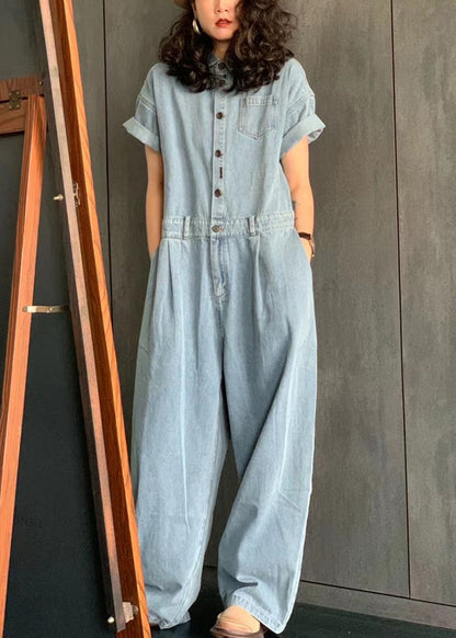 New Light Blue Peter Pan Collar Button Pockets Denim Jumpsuit Summer MN077 MMDM-JPTS240704