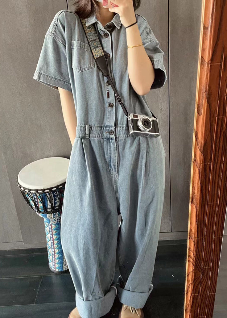 New Light Blue Peter Pan Collar Button Pockets Denim Jumpsuit Summer MN077 MMDM-JPTS240704