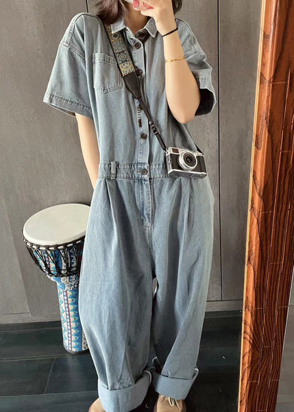 New Light Blue Peter Pan Collar Button Pockets Denim Jumpsuit Summer MN077 MMDM-JPTS240704
