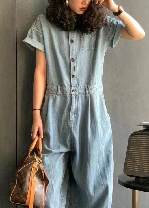 New Light Blue Peter Pan Collar Button Pockets Denim Jumpsuit Summer MN077 MMDM-JPTS240704