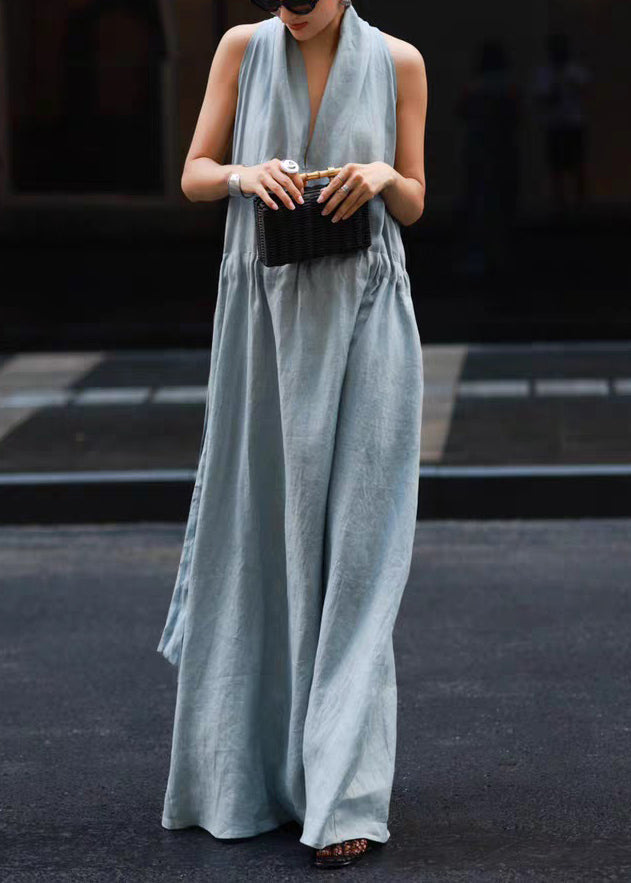 Solid Blue Tie Waist Robe Light Linen Pockets Dresses New FashionChic