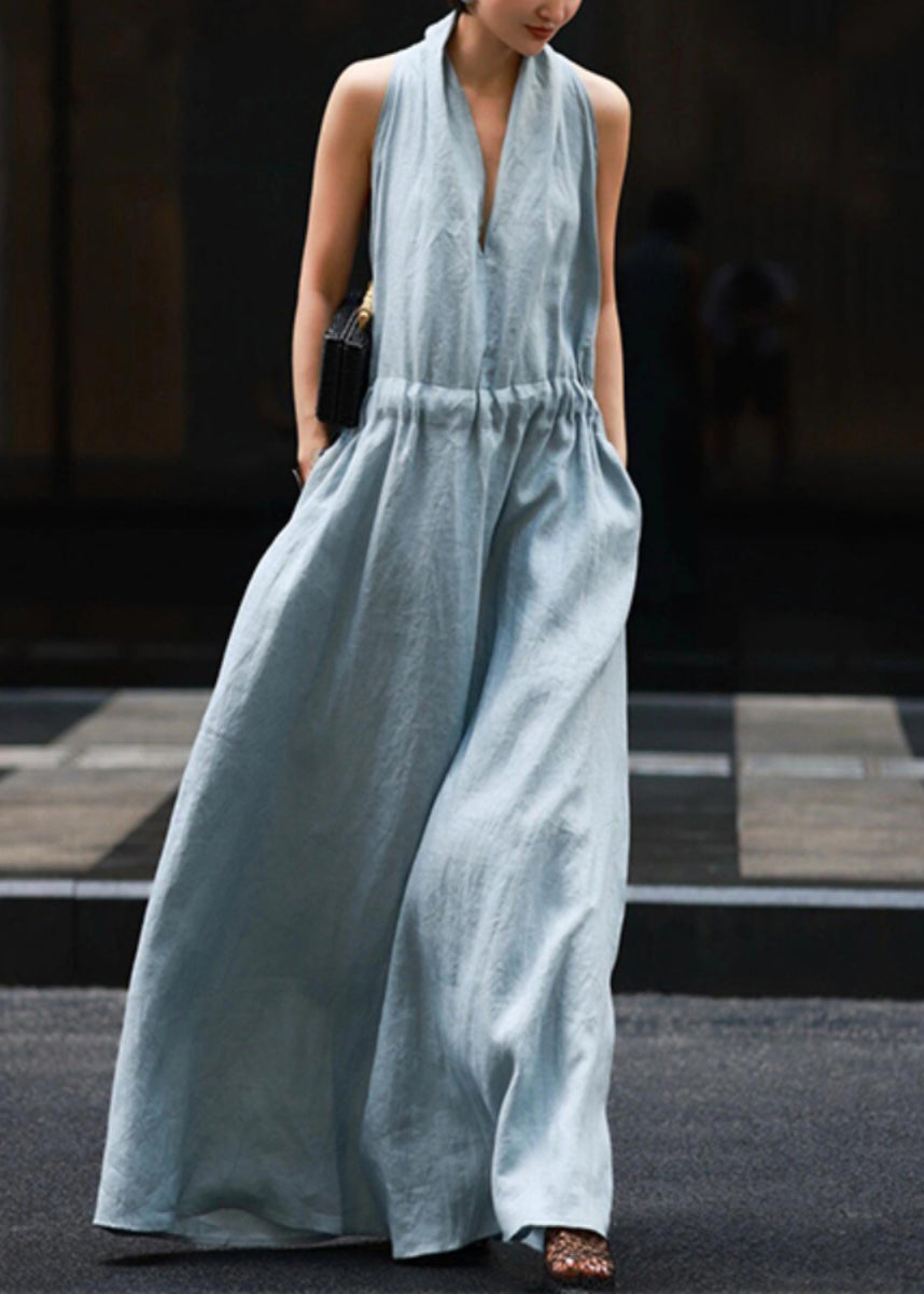 Solid Blue Tie Waist Robe Light Linen Pockets Dresses New FashionChic