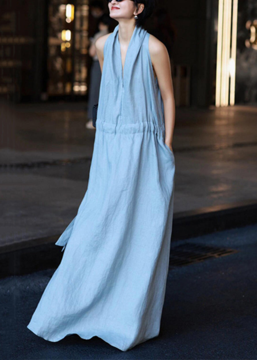 Solid Blue Tie Waist Robe Light Linen Pockets Dresses New FashionChic