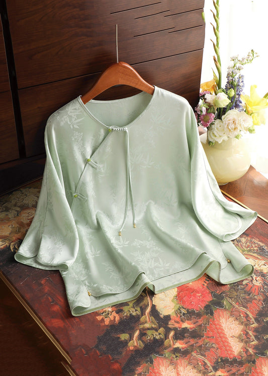 New Light Green O-Neck Button Silk Blouses Bracelet Sleeve GG007 MZF-HTP240610