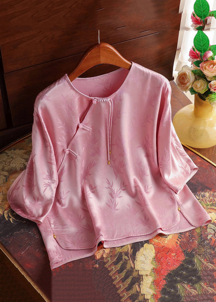 New Light Green O-Neck Button Silk Blouses Bracelet Sleeve GG007 MZF-HTP240610