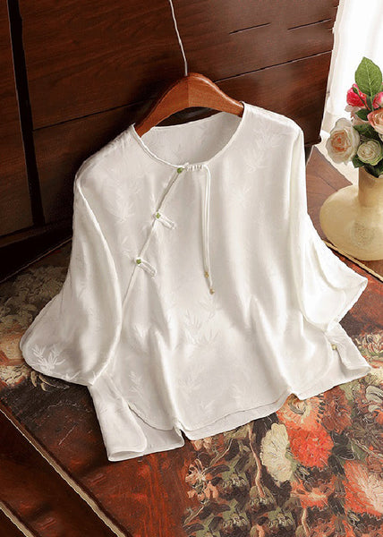 New Light Green O-Neck Button Silk Blouses Bracelet Sleeve GG007 MZF-HTP240610