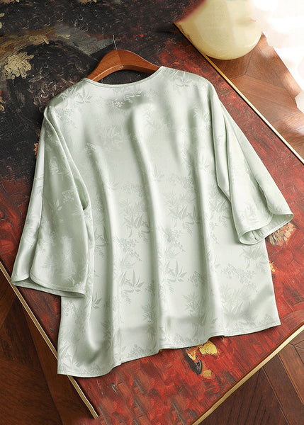 New Light Green O-Neck Button Silk Blouses Bracelet Sleeve GG007 MZF-HTP240610