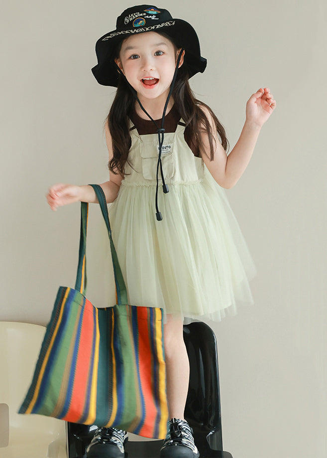 New Light Green Ruffled Tulle Patchwork Girls Mid Dress Sleeveless TT023 WS-JRTZSDGM240817