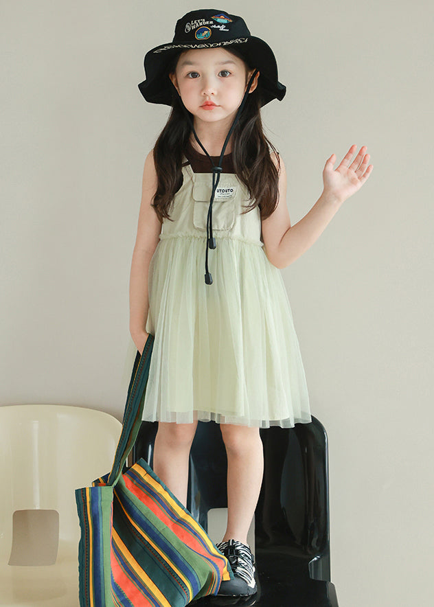 New Light Green Ruffled Tulle Patchwork Girls Mid Dress Sleeveless TT023 WS-JRTZSDGM240817