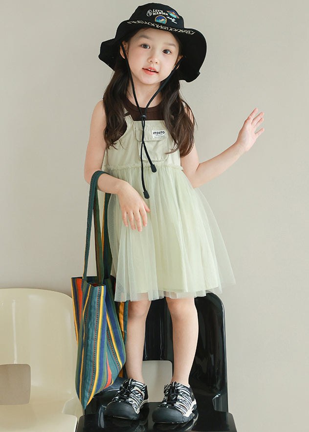 New Light Green Ruffled Tulle Patchwork Girls Mid Dress Sleeveless TT023 WS-JRTZSDGM240817