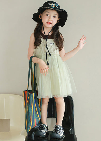 New Light Green Ruffled Tulle Patchwork Girls Mid Dress Sleeveless TT023 WS-JRTZSDGM240817