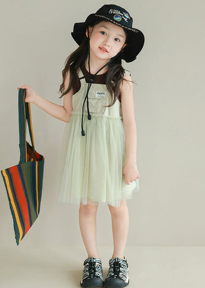 New Light Green Ruffled Tulle Patchwork Girls Mid Dress Sleeveless TT023 WS-JRTZSDGM240817