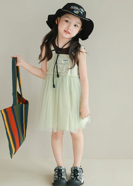 New Light Green Ruffled Tulle Patchwork Girls Mid Dress Sleeveless TT023 WS-JRTZSDGM240817