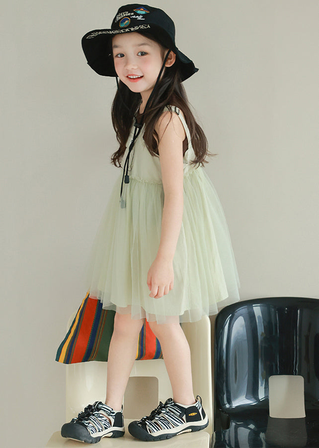 New Light Green Ruffled Tulle Patchwork Girls Mid Dress Sleeveless TT023 WS-JRTZSDGM240817