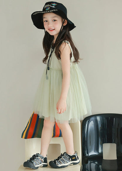 New Light Green Ruffled Tulle Patchwork Girls Mid Dress Sleeveless TT023 WS-JRTZSDGM240817