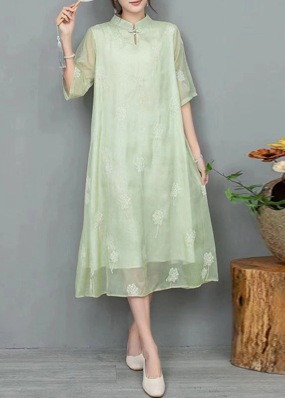 New Light Green Stand Collar Embroidered Linen Dress Half Sleeve JH033 MMDM-SDL240717