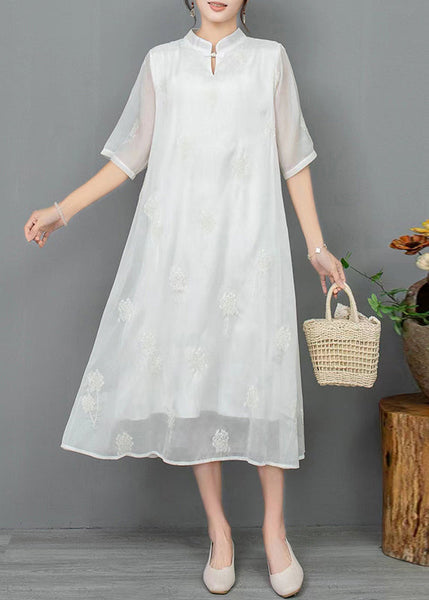 New Light Green Stand Collar Embroidered Linen Dress Half Sleeve JH033 MMDM-SDL240717