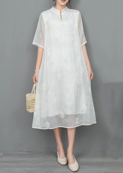 New Light Green Stand Collar Embroidered Linen Dress Half Sleeve JH033 MMDM-SDL240717