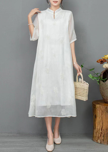 New Light Green Stand Collar Embroidered Linen Dress Half Sleeve JH033 MMDM-SDL240717