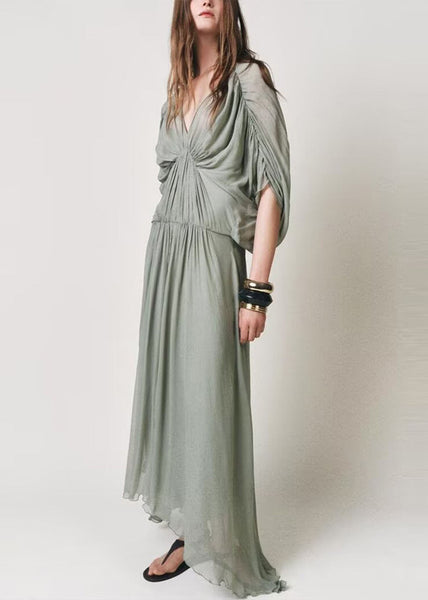 Chiffon Patchwork V Batwing Light Green Wrinkled Dresses Neck New FashionChic