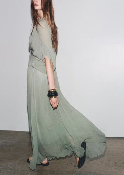 Chiffon Patchwork V Batwing Light Green Wrinkled Dresses Neck New FashionChic