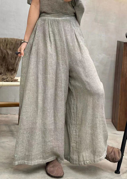 New Light Grey Pockets Elastic Waist Cotton Crop Pants Summer AU1063 MZF-240903
