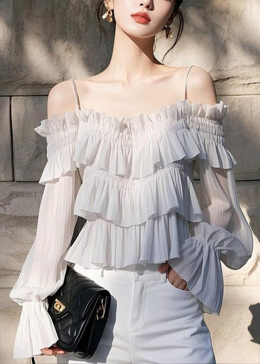 Light Chiffon Butterfly New Sleeve Blouses Grey Solid Ruffled FashionChic