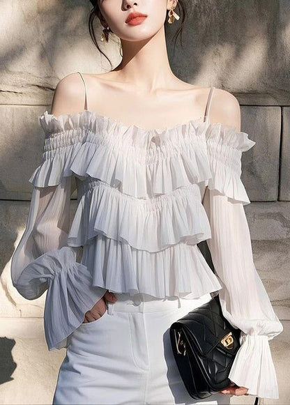 Light Chiffon Butterfly New Sleeve Blouses Grey Solid Ruffled FashionChic