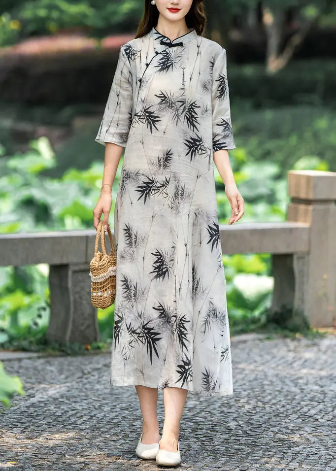 New Light Grey Stand Collar Button Print Linen Dresses Half Sleeve Ada Fashion