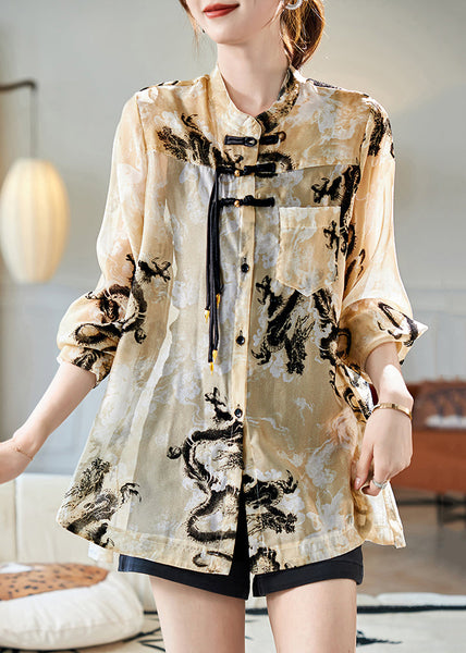 New Light Yellow Stand Collar Button Print Shirt Fall AB1021 Genistyle Shop