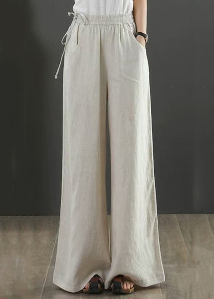 New Linen Pockets Solid Elastic Waist Linen Wide Leg Pants Fall QA029 OM-BB241009