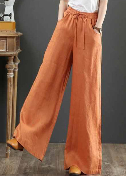 New Linen Pockets Solid Elastic Waist Linen Wide Leg Pants Fall QA029 OM-BB241009