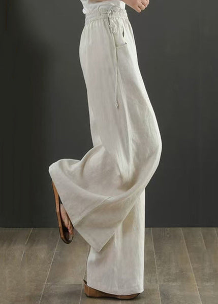New Linen Pockets Solid Elastic Waist Linen Wide Leg Pants Fall QA029 OM-BB241009