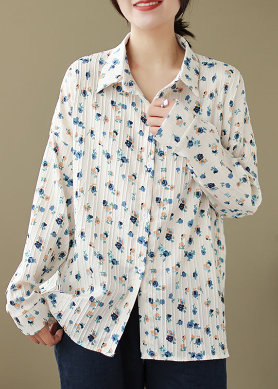 New Loose Beige Peter Pan Collar Print Cotton Shirt Spring TN002 ABC